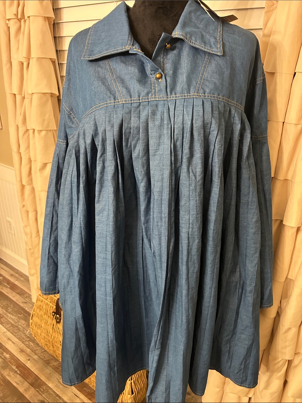 Anthropologie Blue Pleated Long-Sleeve Denim Dress